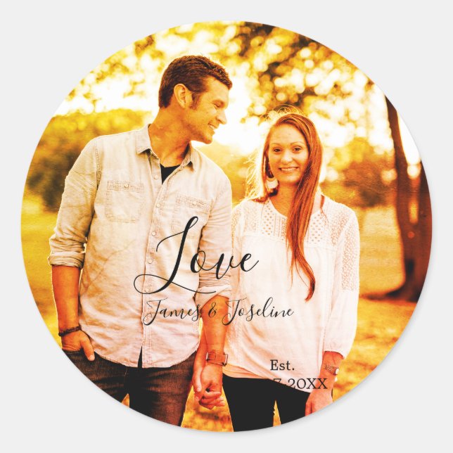 Sticker Rond Love photo ajouter nom est. Date année couple mari (Devant)