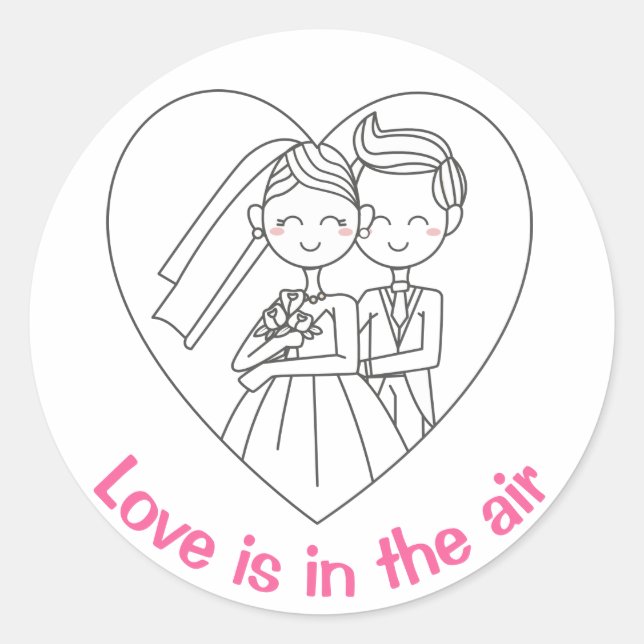 Sticker Rond Love Pink And White Cartoon Bride & Groom Mariage (Devant)