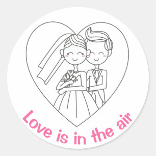 Sticker Rond Love Pink And White Cartoon Bride & Groom Mariage