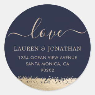 Sticker Rond Love Script, Navy et Gold Foil Mariage