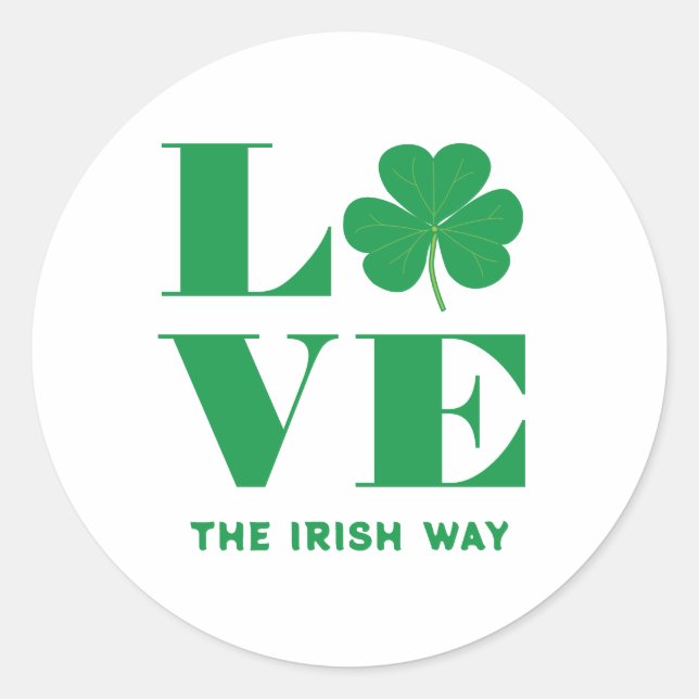 Sticker Rond Love Shamrock Clover Irish Custom Text Vert Blanc (Devant)