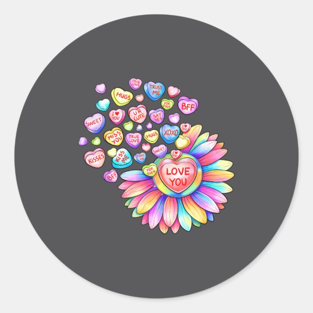 Sticker Rond Love Sunflower Hearts Candy Valentines Day Womens  (Devant)