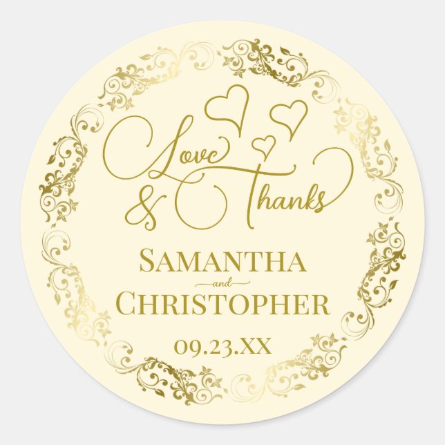 Sticker Rond Love & Thanks Elegant Gold & Cream Mariage (Devant)