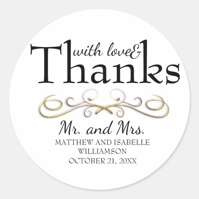 Sticker Rond Love & Thanks Gold Flourish Mariage Enveloppe Phoq (Devant)