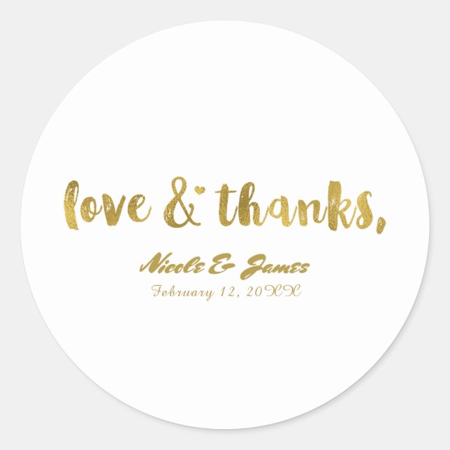 Sticker Rond Love & Thanks Gold Modern Chic Wedding Favoriser (Devant)