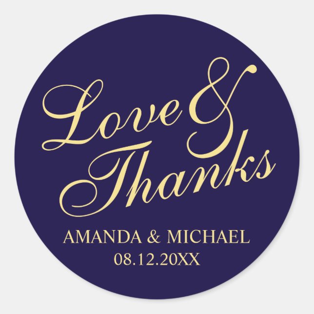 Sticker Rond 'Love & Thanks' Marine & Gold Elegant Wedding Favo (Devant)