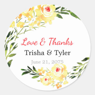 Sticker Rond Love & Thanks, Names & Date Jaune Fleurs Mariage