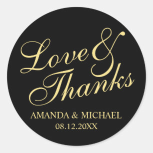 Sticker Rond 'Love & Thanks' Noir & Or Elégant Mariage Faveur