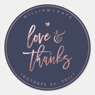 Sticker Rond Love+Thanks, Rose de script moderne Gold+Navy Blue