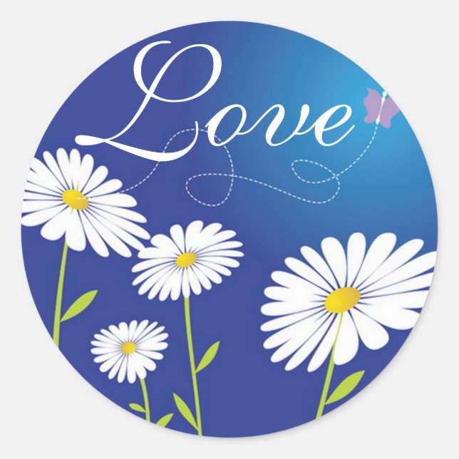 Sticker Rond Love White Daisies Fleurs & Blue Butterfly (Devant)