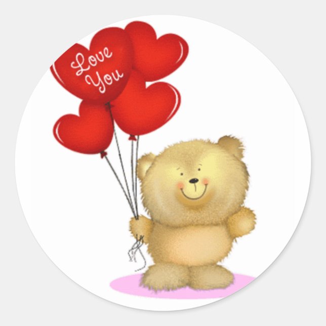 Sticker Rond Love You Teddy Bear tenant des ballons du coeur (Devant)