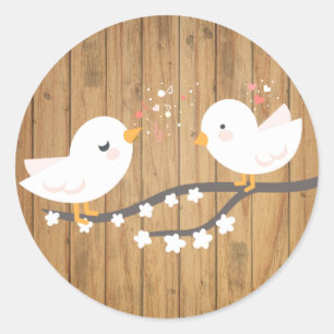 Sticker Rond Lovebirds blancs rustiques Brown Mariage bois
