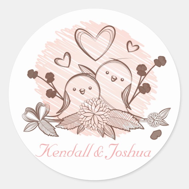 Sticker Rond Lovebirds Fête des mariées Mariage Rose Et Brown (Devant)