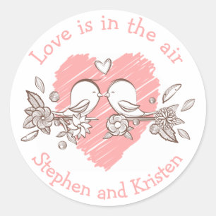 Sticker Rond Lovebirds Pink Heart Mariage Amour personnalisé