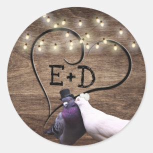 Sticker Rond Lovebirds & String Lights Monogramme Mariage rusti