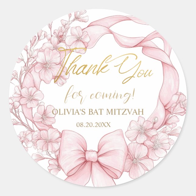 Sticker Rond Lovely Coquette Pink Ribbon Bows Bat mitzvah (Devant)