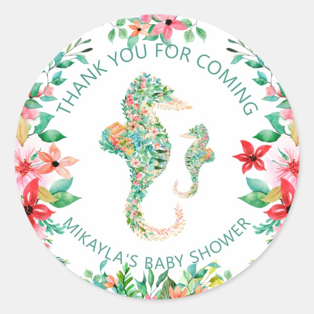 Sticker Rond Luau Floral Seahorse Baby shower Merci (Devant)