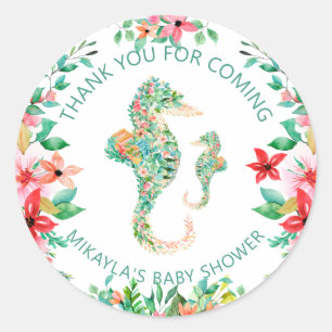 Sticker Rond Luau Floral Seahorse Baby shower Merci