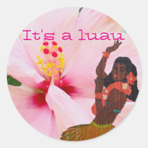 Sticker Rond Luau Pink Hibiscus and Grass Skirt Hula Girl
