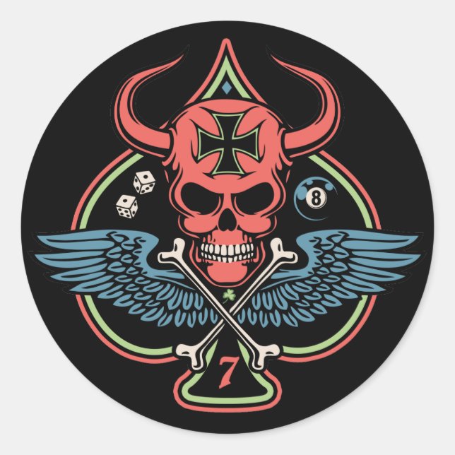 Sticker Rond Lucky ailé Maltais diable crâne de pique (Devant)