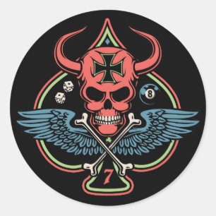 Sticker Rond Lucky ailé Maltais diable crâne de pique