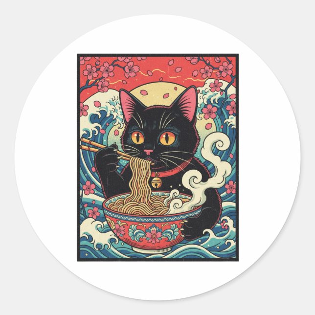 Sticker Rond Lucky Cat Ramen Noodle Art (Devant)