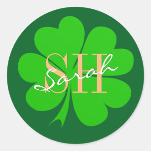 Sticker Rond Lucky Clover feuille monogrammé, Shamrock / irland