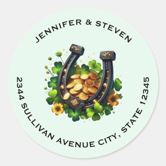 Sticker Rond Lucky Horseshoe Gold Coins et Clover Adresse (Devant)