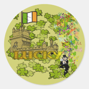 Sticker Rond Lucky Leprechaun et son château irlandais