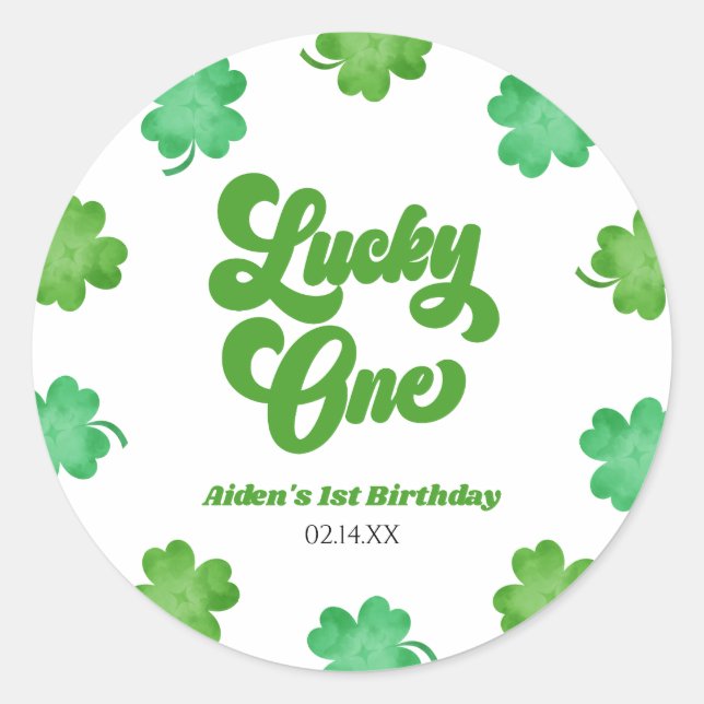 Sticker Rond Lucky One Green Shamrock Clover 1st Birthday Party (Devant)