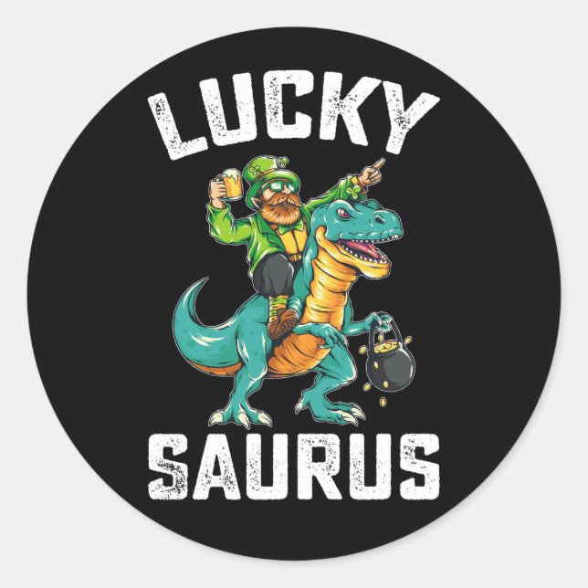 Sticker Rond Lucky Saurus Dinosaur T Rex St Patrick's Day (Devant)