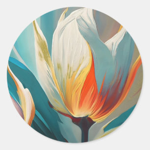 Sticker Rond Lueur Florale Abstraite en Turquoise et Orange