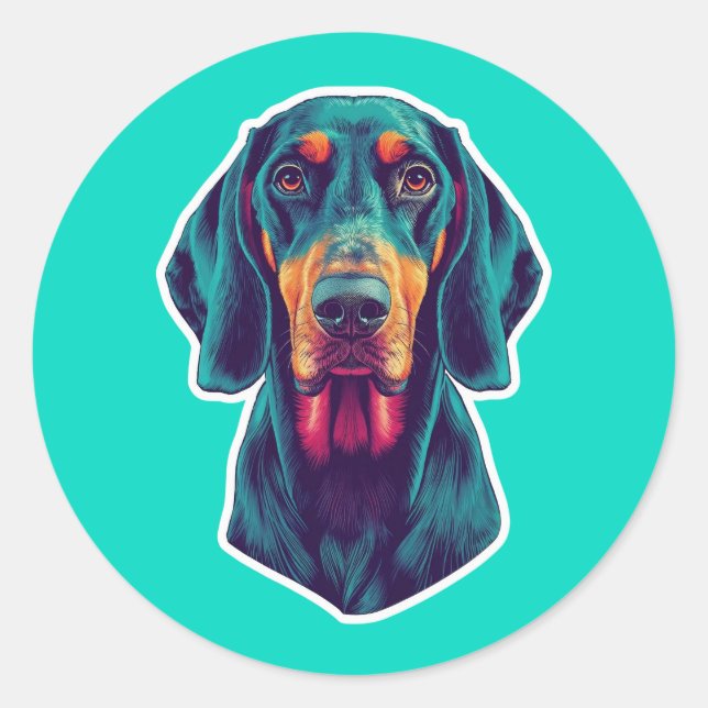 Sticker Rond Lueur Loyale – Bluetick Coonhound Vibrant en Pop A (Devant)