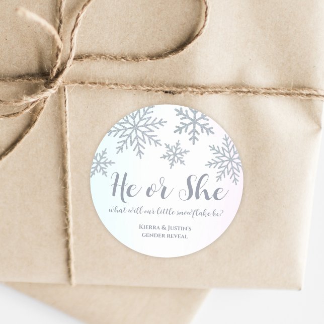 Sticker Rond Lui ou elle rose Bleu hiver Flocon de neige Révéla (winter snowflake gender reveal party sticker)