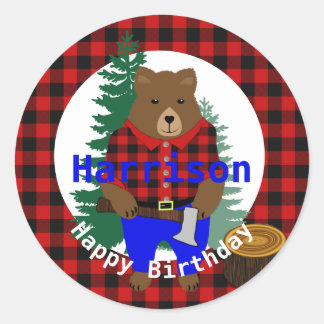 Sticker Rond Lumberjack mignonne Ours Plaid Joyeux Anniversaire