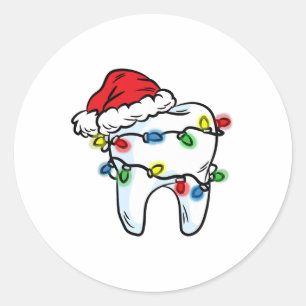 Sticker Rond Lumière de Noël Dent Chapeau de Père Noël Dentiste
