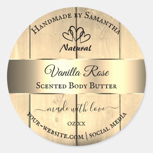 Sticker Rond Lumière d'or Grain de bois Brown Produit Coeurs Ét (Devant)