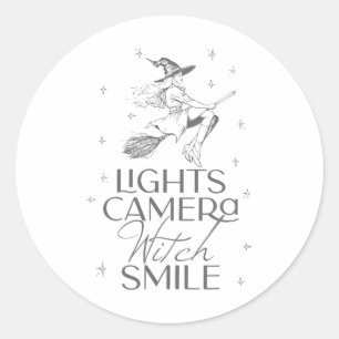 Sticker Rond Lumières Camera Sorcière sourire Halloween
