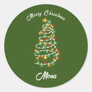 Sticker Rond lumières d'arbre de Noël nom personnalisé