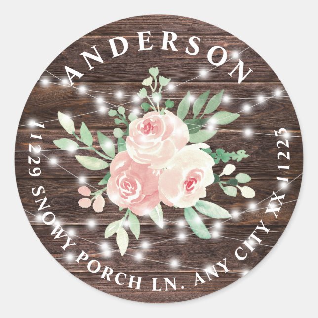 Sticker Rond Lumières de chaîne florales en bois rustique d'adr (Devant)