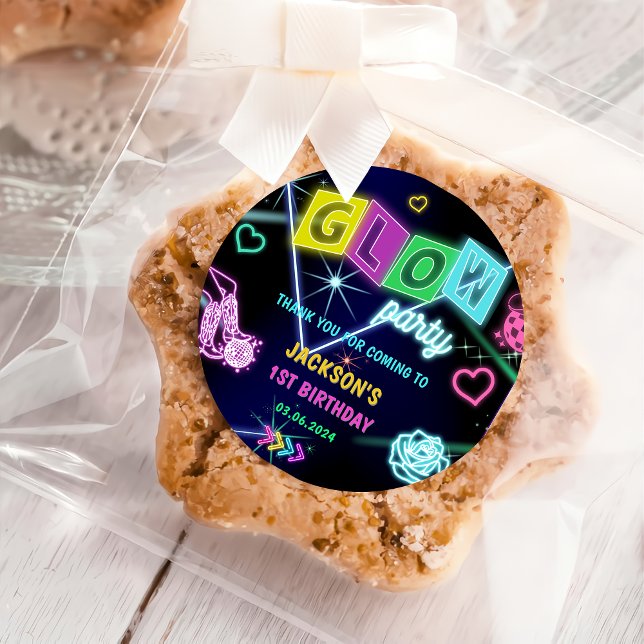 Sticker Rond Lumières de Neon lumineux Merci fête d'anniversair (Créateur téléchargé)