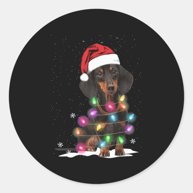 Sticker Rond Lumières De Noël Dachshund Avec Neige (Devant)