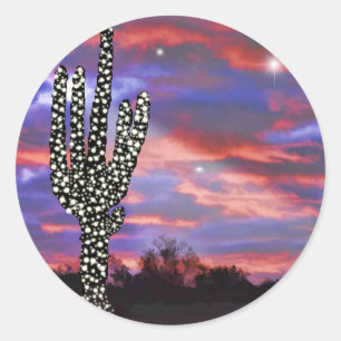 Sticker Rond Lumières de Noël dans le désert Saguaro Cactus