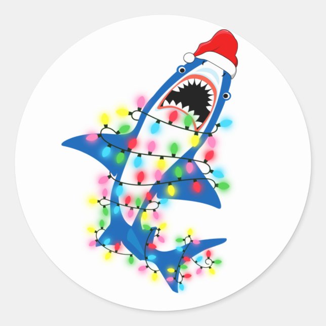 Sticker Rond Lumières de Noël des requins de Père Noël (Devant)