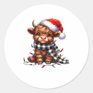 Sticker Rond Lumières de Noël Highland Cow Vintage Cute Highlan