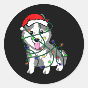 Sticker Rond Lumières de Noël Husky Décoration drôle Husky