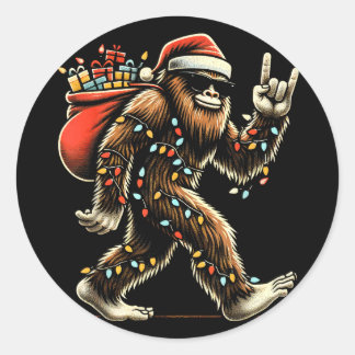 Sticker Rond Lumières de Noël Santa Bigfoot drôle Sasquatch