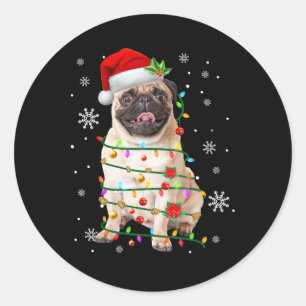 Sticker Rond Lumières de Noël Santa Pug Xmas Amoureux des Chien
