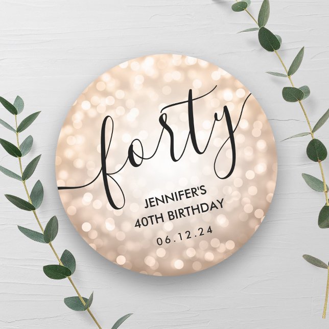 Sticker Rond Lumières de Parties scintillant or Rose moderne 40 (Modern Rose Gold Glitter Lights 40th Birthday Classic Round Sticker)