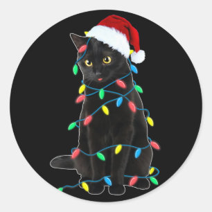 Sticker Rond Lumières de sapin de Noël chat noir drôle de chato